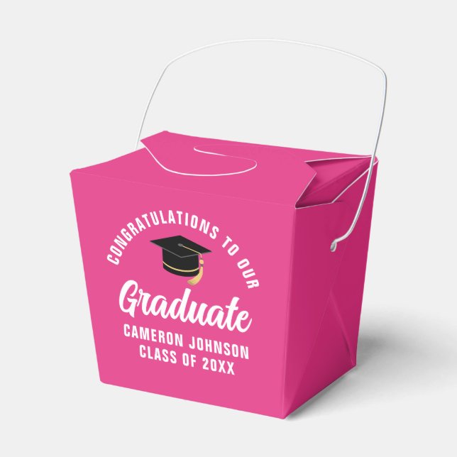 Cute Hot Pink Graduation Party Personalized Favor Boxes (Front Side)