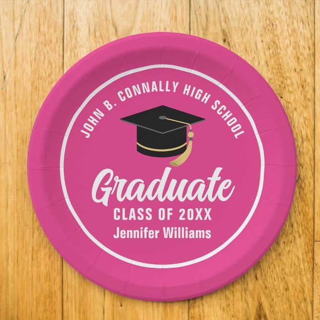 Cute Hot Pink Graduation Party Personalized Paper Plates (Creator Uploaded)