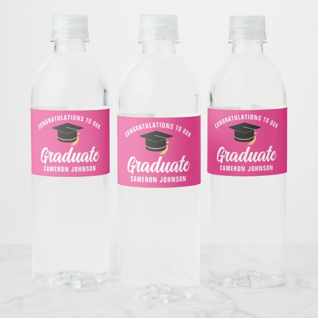 Cute Hot Pink Graduation Party Personalized Water Bottle Label (Bottles)