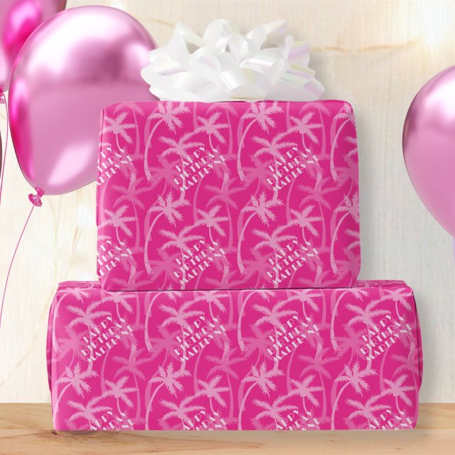 Cute Hot Pink Magenta Tropical Palm Personalized Wrapping Paper (Creator Uploaded)