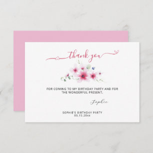 Cute Hot Pink May Flowers Watercolor Girl Birthday Thank You Card