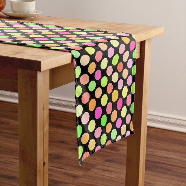 Cute Hot Pink Neon Lime Green Polka Dots Pattern Medium Table Runner (In Situ)