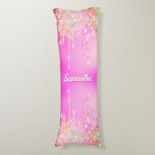 Cute hot Pink Rainbow Glitter Drips monogram  Body Pillow