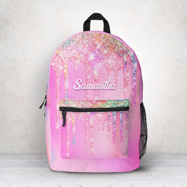 Cute hot Pink Rainbow Glitter Drips monogram  Printed Backpack (Creator Uploaded)