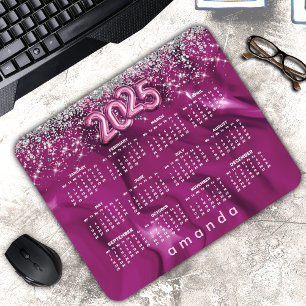 Cute hot pink silver glitter 2025 calendar mouse pad