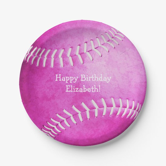cute hot pink softball birthday party paper plates