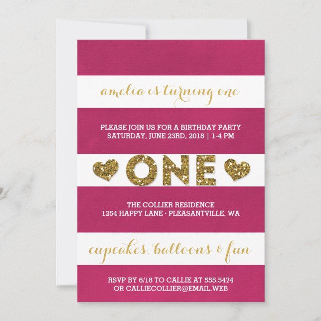 Cute Hot Pink Stripes First Birthday Party Invitation (Front)