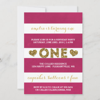 Cute Hot Pink Stripes First Birthday Party Invitation