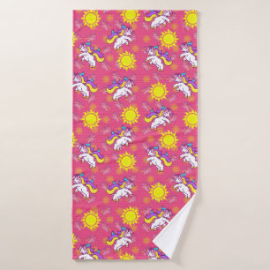 Cute Hot Pink Sunny Unicorn Pattern Design Bath Towel