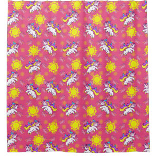 Cute Hot Pink Sunny Unicorn Pattern Design Shower Curtain