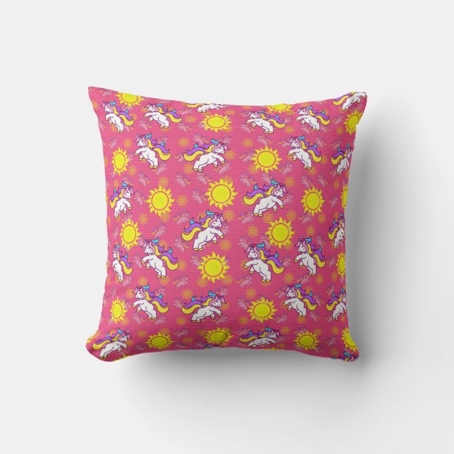 Cute Hot Pink Sunny Unicorn Pattern Design Throw Pillow (Front)