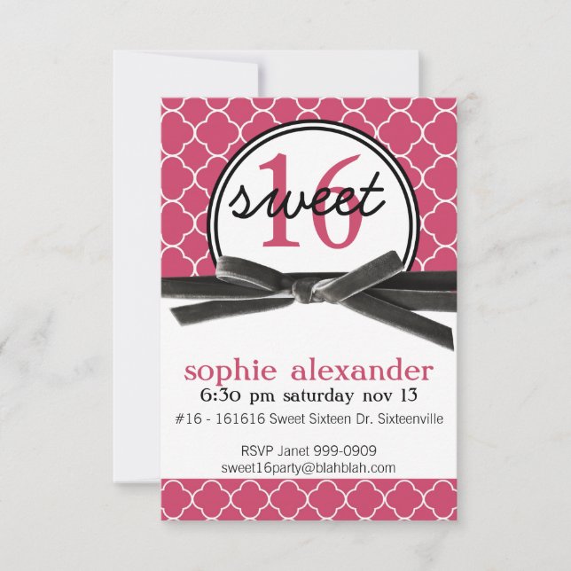 Cute Hot Pink Sweet 16 Party Invitation (Front)