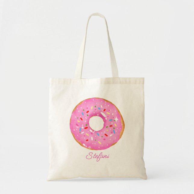Cute Hot Pink Watercolor Donut & Sprinkles Custom Tote Bag (Front)