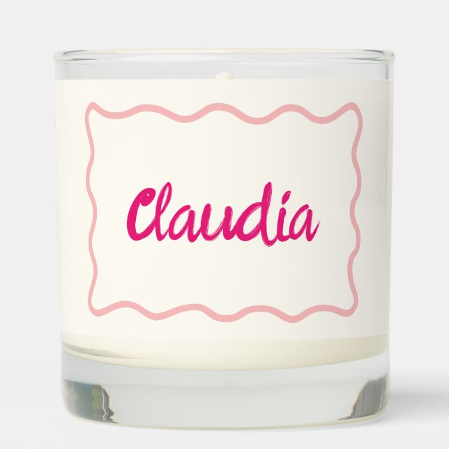 Cute Hot Pink Wavy Border Custom Handwritten Name  Scented Candle (Front)