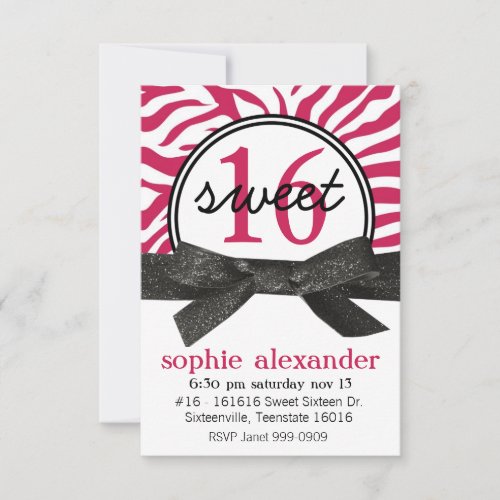 Cute Hot Pink Zebra Pattern Sweet 16 Party Personalized Invites