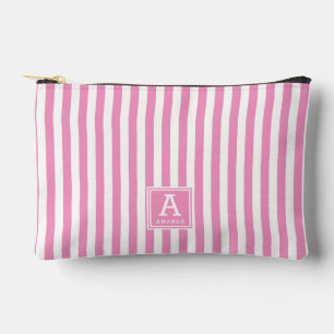Cute Hot Rose Pink Stripes Monogrammed Initials Accessory Pouch