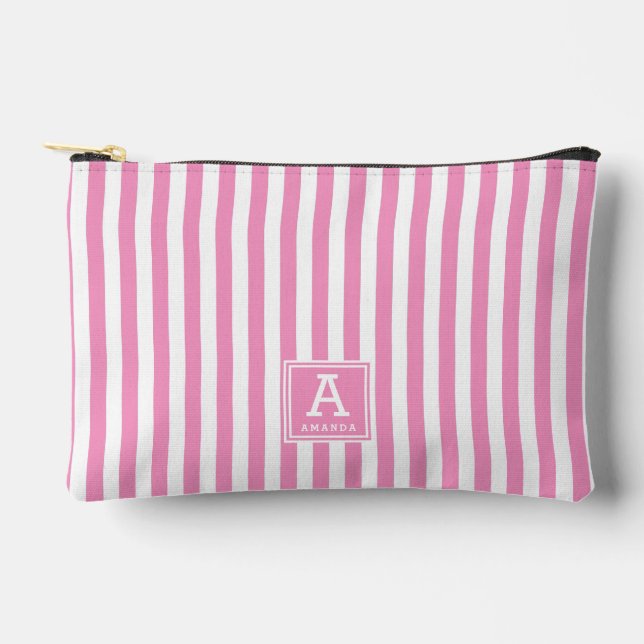 Cute Hot Rose Pink Stripes Monogrammed Initials Accessory Pouch (Front)