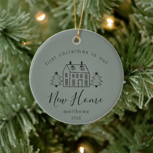 Cute House and Christmas Trees New Home Name   Cer Ceramic Ornament
