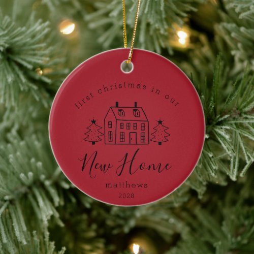 Cute House and Christmas Trees New Home Name   Ceramic Ornament