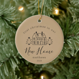Cute House and Christmas Trees New Home Name Sand Ceramic Ornament