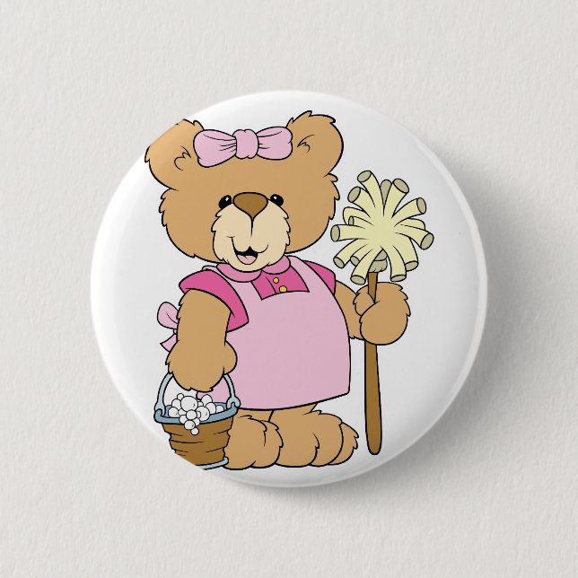 Cute House Cleaning Bear Button (Front)