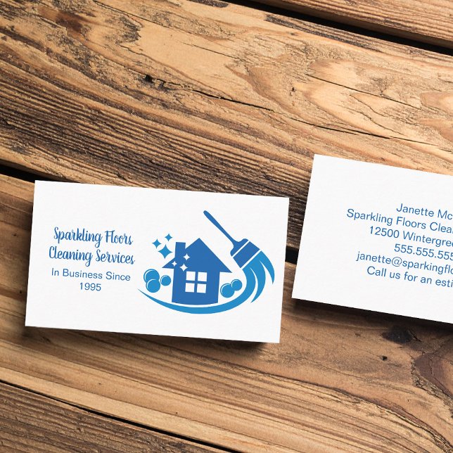 Cute House Cleaning Maid Services Blue Broom Business Card (Creator Uploaded)