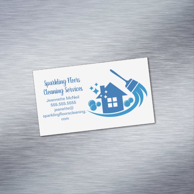 Cute House Cleaning Maid Services Blue Broom Business Card Magnet (In Situ)