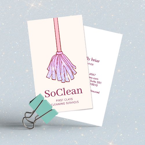 Cute House Cleaning Maid Services Pink Glitter Mop Business Card
