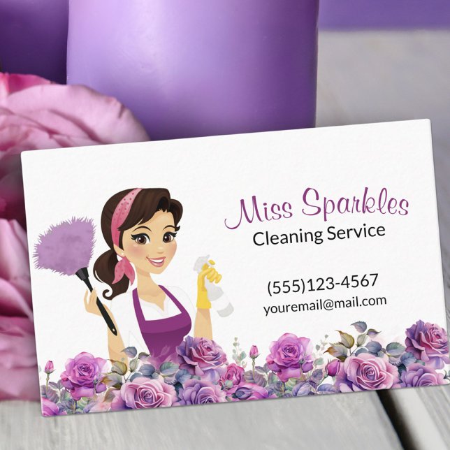 Cute House Cleaning Purple Floral Maid Service Business Card (Creator Uploaded)