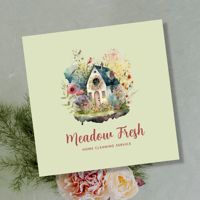 Cute House Cleaning Service Floral Square Business Card (Creator Uploaded)