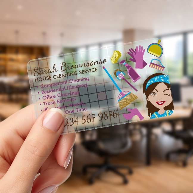 Cute House Cleaning Service Maid Pink Broom Gloves Clear Business Cards