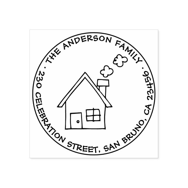 Cute House Drawing Family Name & Return Address Rubber Stamp (Imprint)