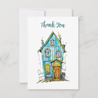 Cute house thank you card teal and yellow