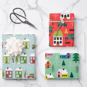 Cute House Themed Christmas Pattern Wrapping Paper Sheets