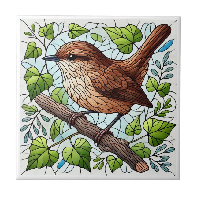 Cute House Wren Stained Glass Look Ceramic Tile (Front)
