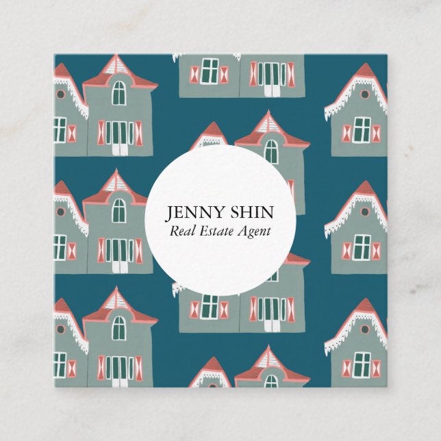 Cute Houses Real Estate Agent Broker Realtor Lease Square Business Card (Front)