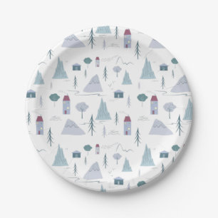 Cute Houses Trees Mountains Modern Pattern Paper Plates