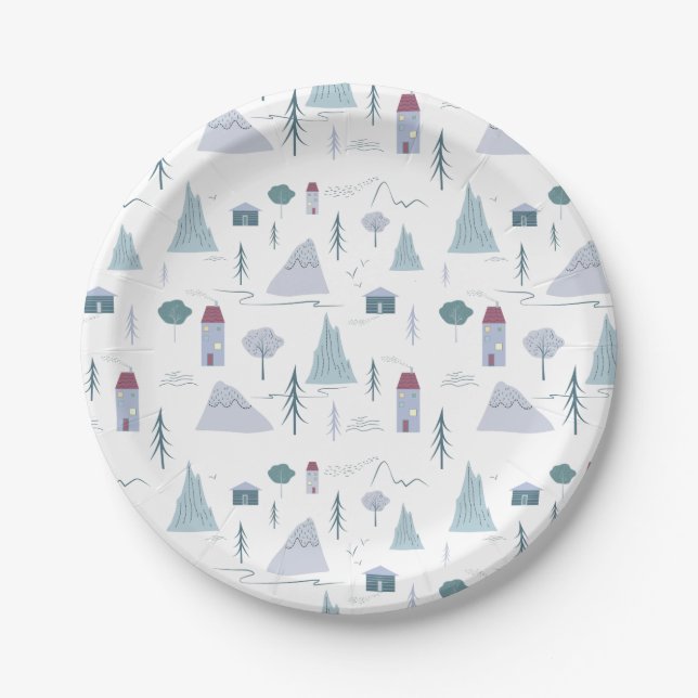 Cute Houses Trees Mountains Modern Pattern Paper Plates (Front)