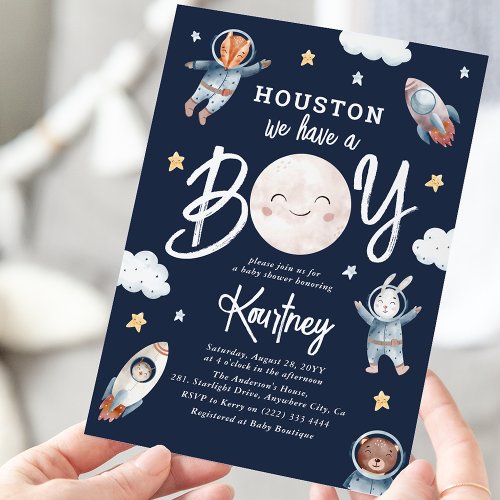 Cute Houston we have a Boy Space Baby Shower Invitation