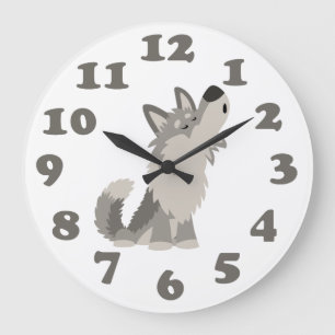 Cute Howling Cartoon Wolf and Numbers Wall Clock