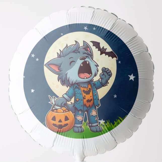 Cute howling werewolf monster with pumpkin balloon (Front)