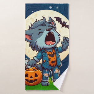 Cute howling werewolf monster with pumpkin bath towel
