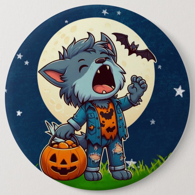 Cute howling werewolf monster with pumpkin button (Front)
