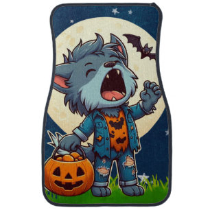 Cute howling werewolf monster with pumpkin car floor mat