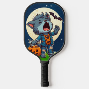 Cute howling werewolf monster with pumpkin carbon fiber pickleball paddle