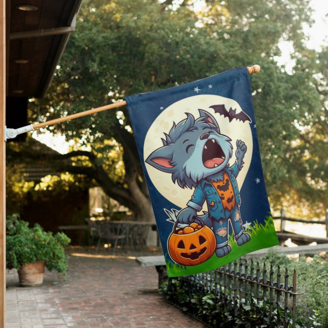 Cute howling werewolf monster with pumpkin house flag (In SItu)