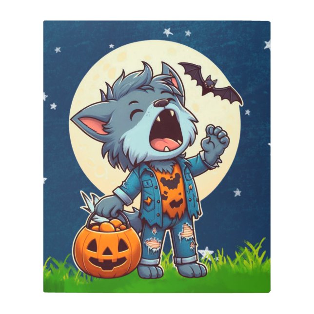 Cute howling werewolf monster with pumpkin metal print (Front)