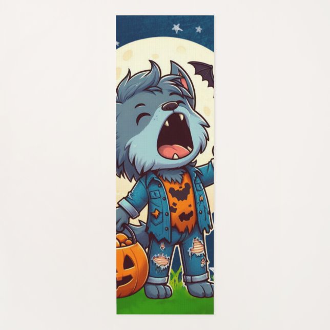Cute howling werewolf monster with pumpkin yoga mat (Front)