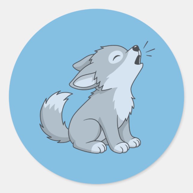 Cute Howling Wolf Pup on Blue Classic Round Sticker (Front)