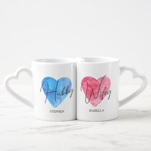 Cute Hubby and Wifey Watercolor Hearts Couple Coffee Mug Set